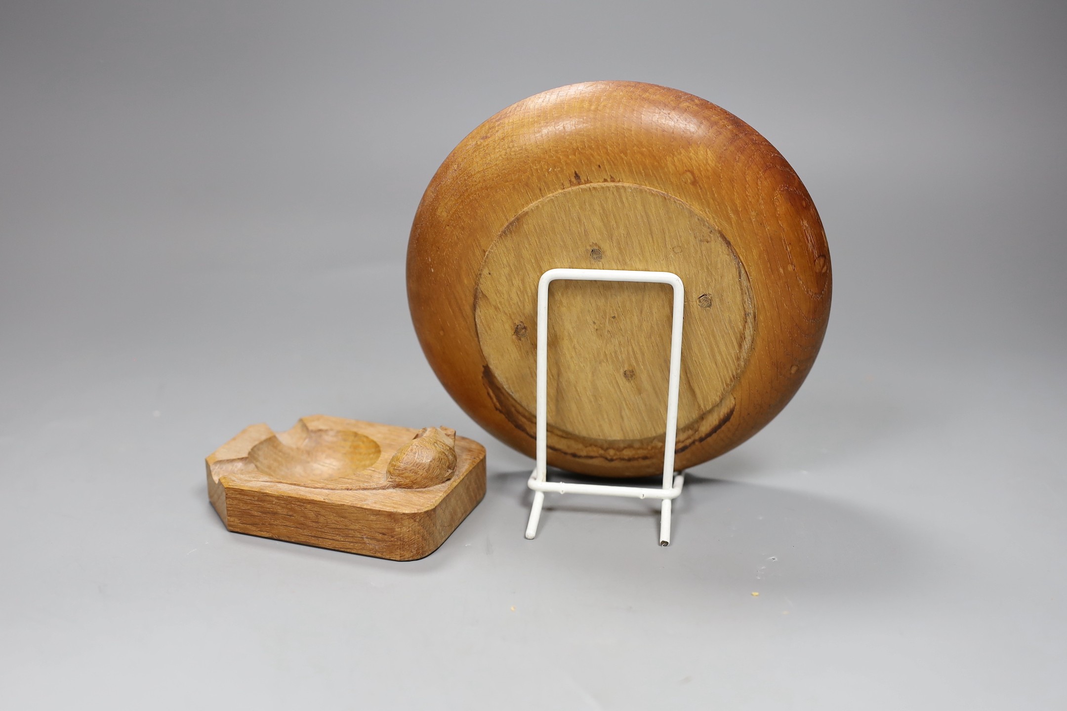 A Mouseman oak pin dish and a similar ashtray, dish 17cms diameter